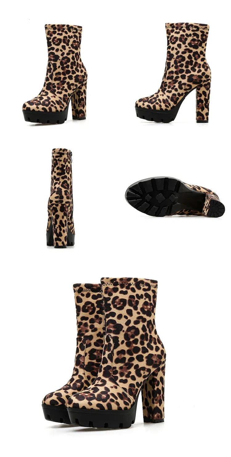 EilyKen Handmade Brown Square Chunky High Heel Booties Leopard Print Platform Side Zippers Shoes Designer Woman Ankle Boots