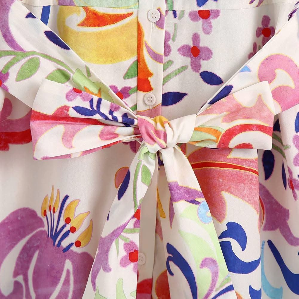 2021 Women Summer Dresses Floral Print Turn-down Collar A-Line 3/4 Sleeve Large Hem Single-breasted Mid-Calf Shirt Midi Dress St