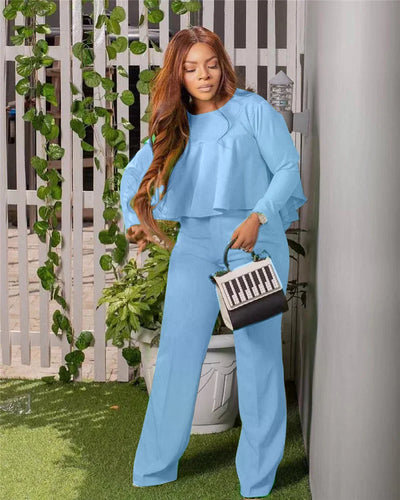 Elegant Work Wear Two Piece Set Fall Clothes for Women Ruffles Crop Top and Wide Leg Pants Suits Matching Sets Sexy Club Outfits