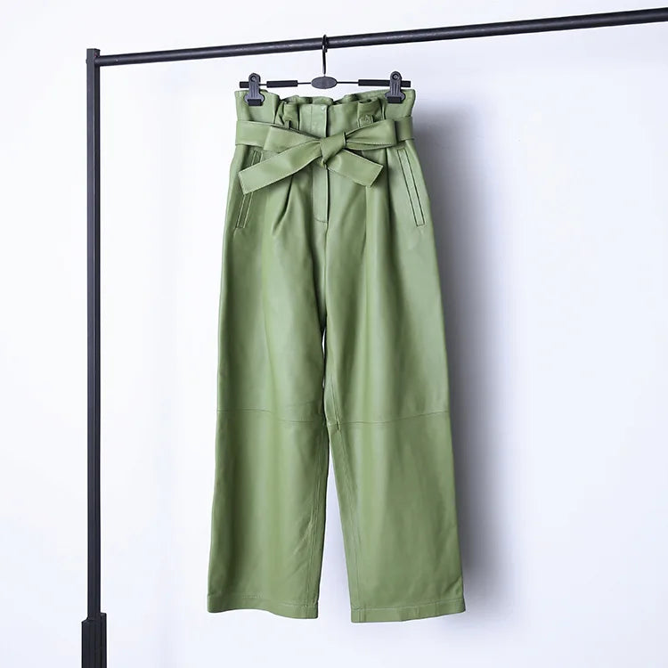 Stylish Genuine Leather Pants Women Sheepskin Bow Tie Lace High Waist Trousers Mujer Khaki/Green Straight Wide Leg Pantalon