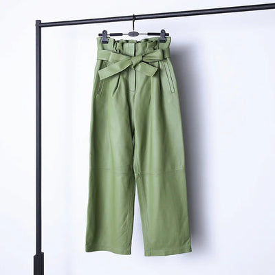 Stylish Genuine Leather Pants Women Sheepskin Bow Tie Lace High Waist Trousers Mujer Khaki/Green Straight Wide Leg Pantalon