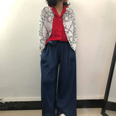 Miyake Pleated Designer Pleated Blue Belt Pants Casual Long Women Trousers