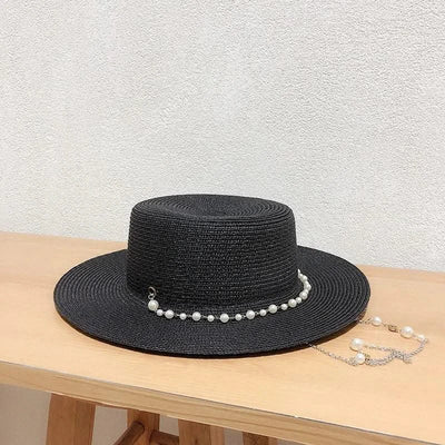 New Women Summer Hats Straw Sun Hat Panama Elegant Straw Fedoras Lady Girl Outdoor Vacation with Pearl Chain Sunshade Beach Hat
