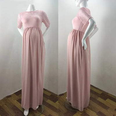 Short Sleeve Lace Chiffon Maternity Dresses for Photoshoot Pregnant Women Maxi Gown Dress Pregnancy Baby Shower Photography Prop