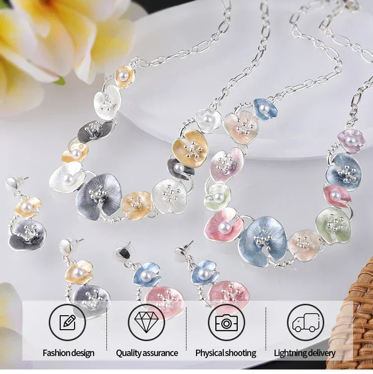 MeiceM Women Silver Plated Pendant Original Design Chain Leaf Necklace Drop Female Luxury Necklaces Set for Wedding Women's Mom