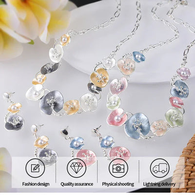 MeiceM Women Silver Plated Pendant Original Design Chain Leaf Necklace Drop Female Luxury Necklaces Set for Wedding Women's Mom