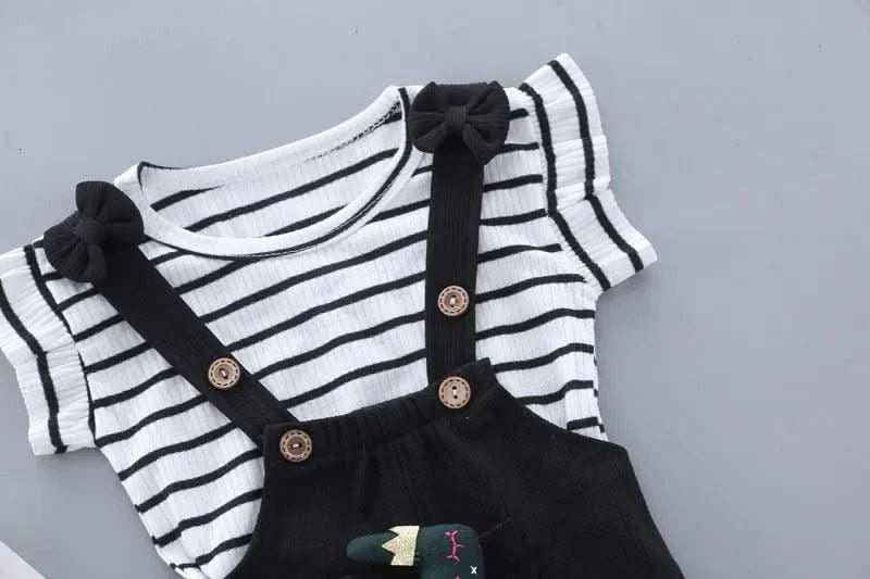 Summer Children Clothing Baby Cute  Girls Casual T-Shirts Bib Shorts 2Pcs/Set Toddler Cartoon Fashion Cotton Infant Clothes Suit