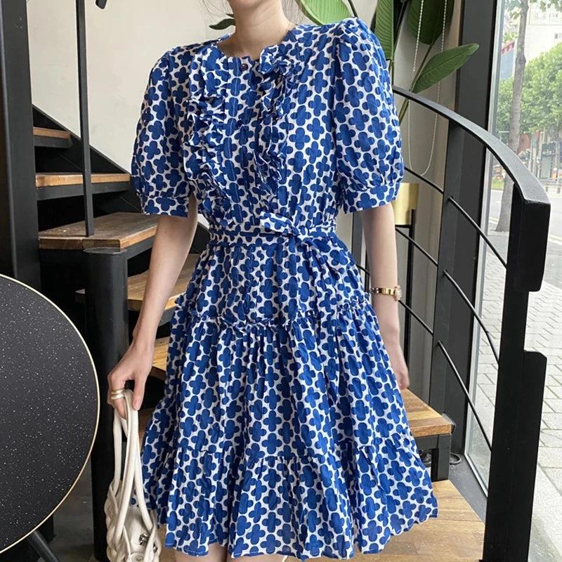 New Fashion Printed Dress for Women Streetwear Trend Round Neck Ruffles Waist Puff Sleeve Dresses Female Clothing