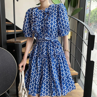New Fashion Printed Dress for Women Streetwear Trend Round Neck Ruffles Waist Puff Sleeve Dresses Female Clothing