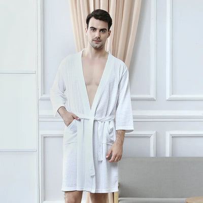 Waffle Couple Bathrobe Short Male Female Kimono Korean Style Nightwear Daily Casual Home Lounge Robe домашняя одежда женская