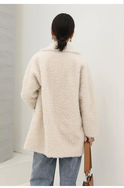MENINA BONITA 2025 New  Luxury Winter Jacket Women's Coat Double-breasted Woven Real Natural Wool Fur Lapel Warm Loose Outerwear