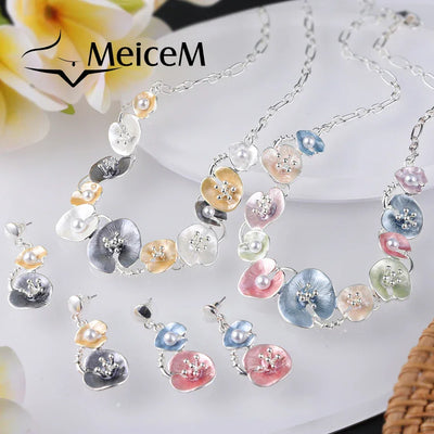MeiceM Women Silver Plated Pendant Original Design Chain Leaf Necklace Drop Female Luxury Necklaces Set for Wedding Women's Mom