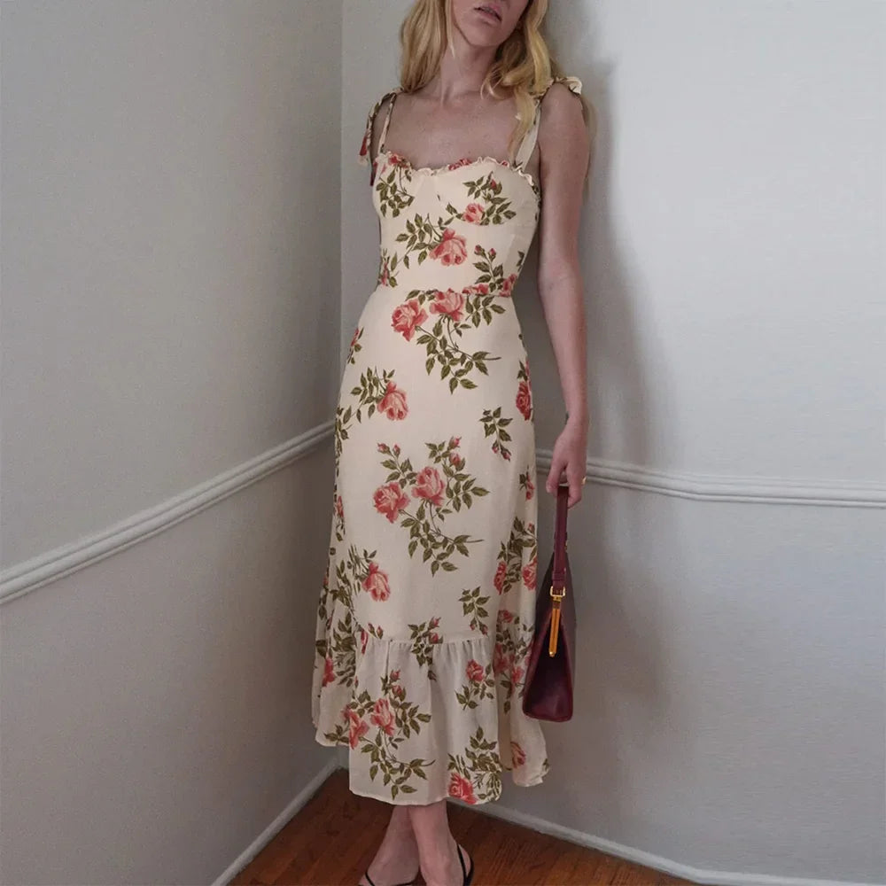 Summer Dresses For Women 2021 Elegant Ruffle Hem Floral Chiffon Midi Dress Frill Edge Sweetheart Neck Strap Tie Sexy Slip Dress