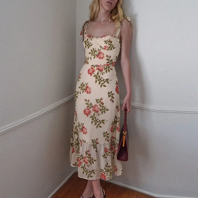 Summer Dresses For Women 2021 Elegant Ruffle Hem Floral Chiffon Midi Dress Frill Edge Sweetheart Neck Strap Tie Sexy Slip Dress