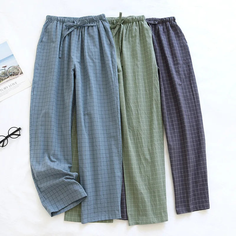 couple washed cotton trousers thin men and women home pants Elastic Waist Sleep Bottoms Plaid lounge pants home sleepwear 2021