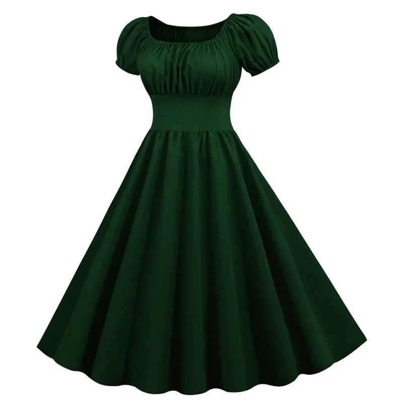 Women Vintage Dress Robe Elegant Party  Casual Office Midi Dress Femme Summer Puff Sleeve Square Collar Solid Red