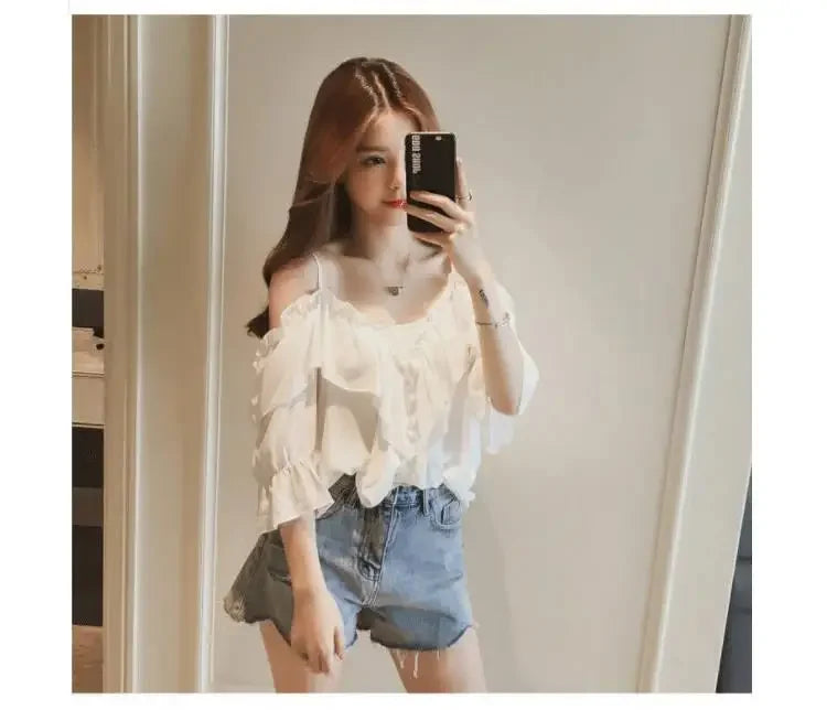 Ruffle Youth Elegant Blouses Tops Women Fashion Low Cut Blouse Summer Chiffon Shirt Pretty Bebeautiful Clothes