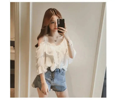 Ruffle Youth Elegant Blouses Tops Women Fashion Low Cut Blouse Summer Chiffon Shirt Pretty Bebeautiful Clothes