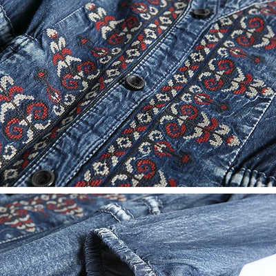 TEELYNN midi denim dresses for women dresses bule cotton ethnic Embroidery boho dress Drawstring waist Gypsy dresses vestidos