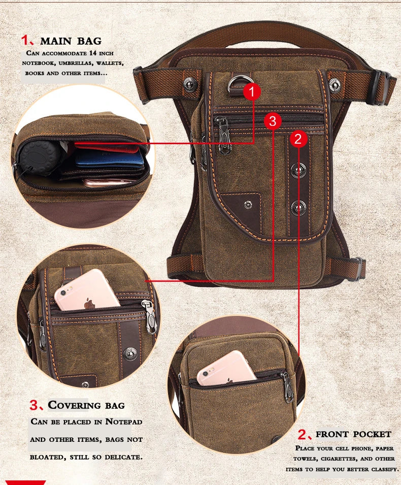 Men's Canvas Drop Leg Bag Waist Thigh Fanny Pack Belt Travel Messenger Shoulder Bag Male Multi-purpose Motorcycle Bags
