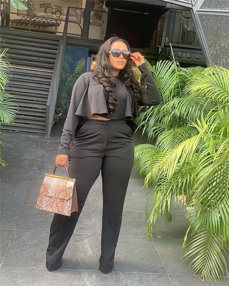Elegant Work Wear Two Piece Set Fall Clothes for Women Ruffles Crop Top and Wide Leg Pants Suits Matching Sets Sexy Club Outfits