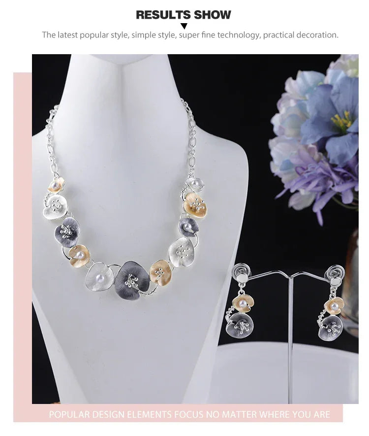 MeiceM Women Silver Plated Pendant Original Design Chain Leaf Necklace Drop Female Luxury Necklaces Set for Wedding Women's Mom