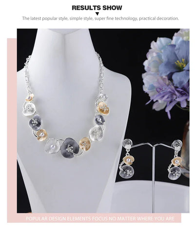 MeiceM Women Silver Plated Pendant Original Design Chain Leaf Necklace Drop Female Luxury Necklaces Set for Wedding Women's Mom