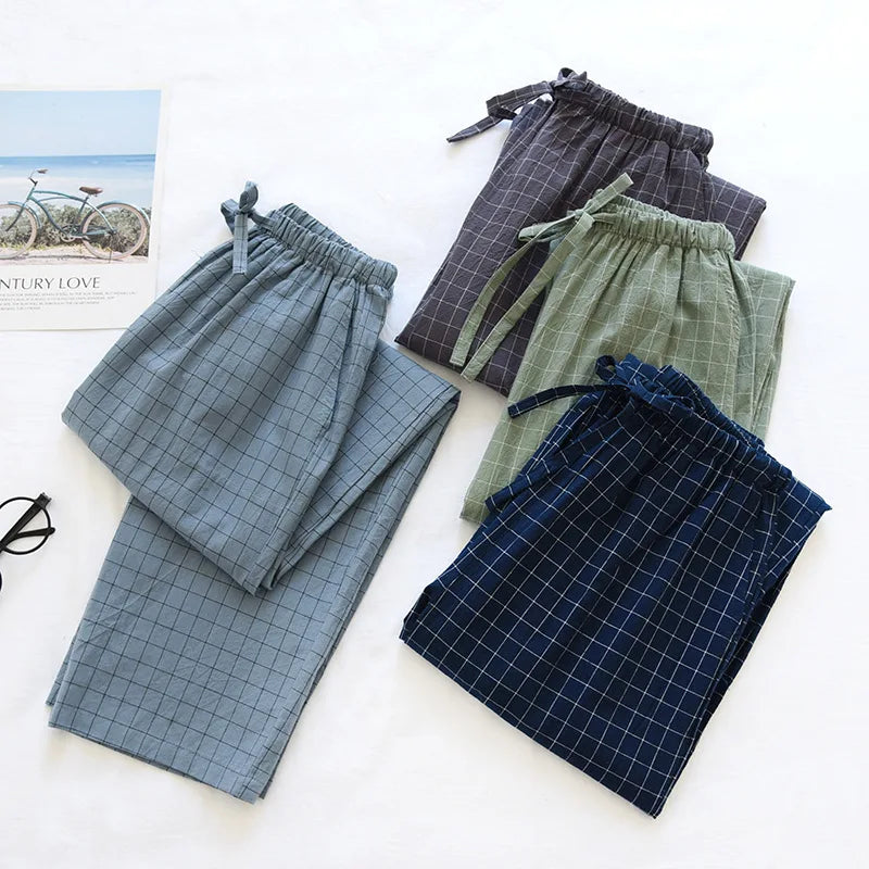 couple washed cotton trousers thin men and women home pants Elastic Waist Sleep Bottoms Plaid lounge pants home sleepwear 2021