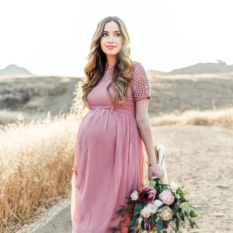Short Sleeve Lace Chiffon Maternity Dresses for Photoshoot Pregnant Women Maxi Gown Dress Pregnancy Baby Shower Photography Prop