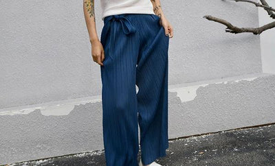 Miyake Pleated Designer Pleated Blue Belt Pants Casual Long Women Trousers