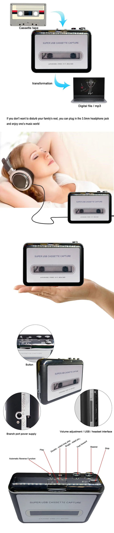 USB Cassette Capture Radio Player Portable USB Cassette Tape to MP3 Converter Capture Audio Music Player Tape Cassette Recorder