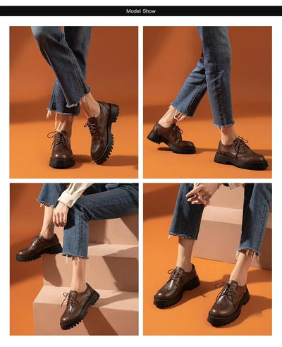 BeauToday Brogue Shoes Women Genuine Cow Leather Wintip Round Toe Cross-Tied Thick Sole Ladies Derby Shoes Handmade 21839