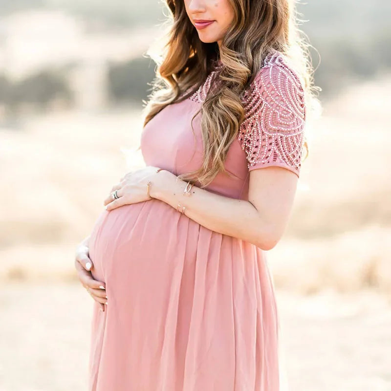 Short Sleeve Lace Chiffon Maternity Dresses for Photoshoot Pregnant Women Maxi Gown Dress Pregnancy Baby Shower Photography Prop