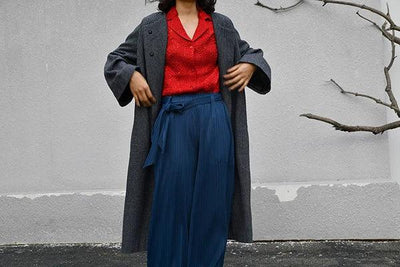 Miyake Pleated Designer Pleated Blue Belt Pants Casual Long Women Trousers