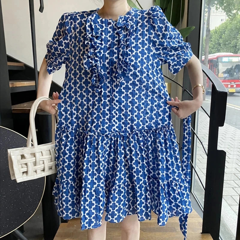 New Fashion Printed Dress for Women Streetwear Trend Round Neck Ruffles Waist Puff Sleeve Dresses Female Clothing