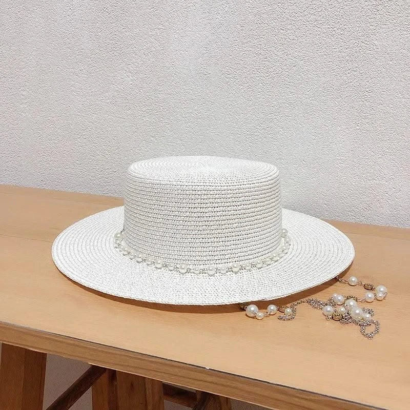 New Women Summer Hats Straw Sun Hat Panama Elegant Straw Fedoras Lady Girl Outdoor Vacation with Pearl Chain Sunshade Beach Hat