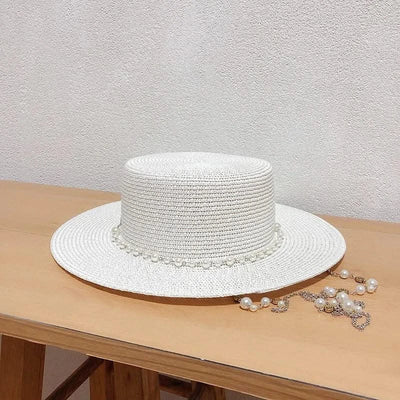 New Women Summer Hats Straw Sun Hat Panama Elegant Straw Fedoras Lady Girl Outdoor Vacation with Pearl Chain Sunshade Beach Hat