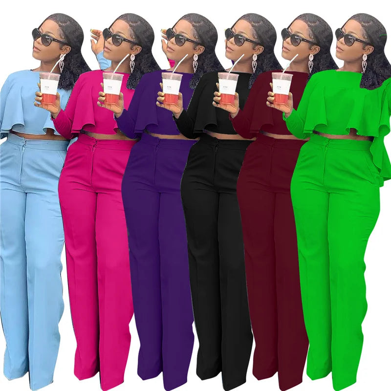 Elegant Work Wear Two Piece Set Fall Clothes for Women Ruffles Crop Top and Wide Leg Pants Suits Matching Sets Sexy Club Outfits