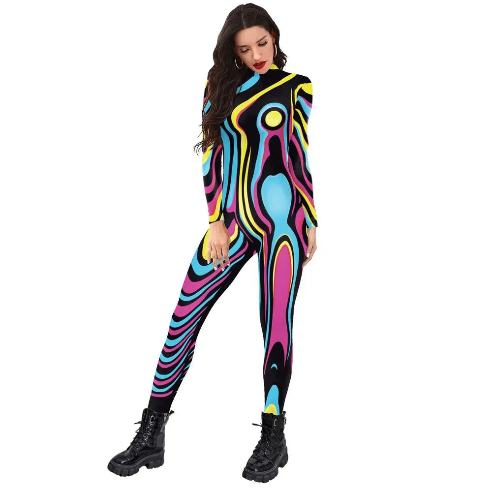 FCCEXIO Multicolour Printing Holiday Party Women Jumpsuits New Fashion Sexy Jumpsuit Wear Cosplay Costume Catsuit Bodysuit