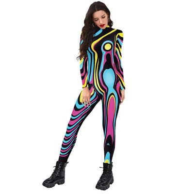 FCCEXIO Multicolour Printing Holiday Party Women Jumpsuits New Fashion Sexy Jumpsuit Wear Cosplay Costume Catsuit Bodysuit