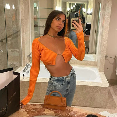 Cryptographic Autumn Knitted Sexy Cropped Sweaters Women Fashion Long Sleeve Cardigan Women Tops Pullovers Oversized Clothes