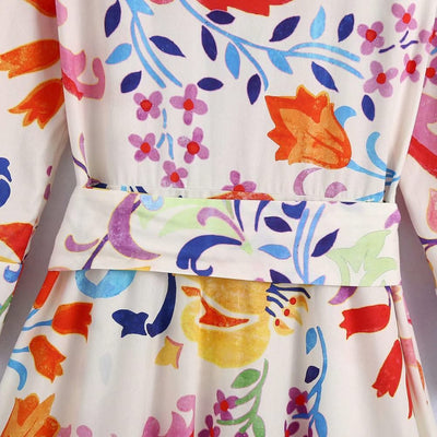 2021 Women Summer Dresses Floral Print Turn-down Collar A-Line 3/4 Sleeve Large Hem Single-breasted Mid-Calf Shirt Midi Dress St