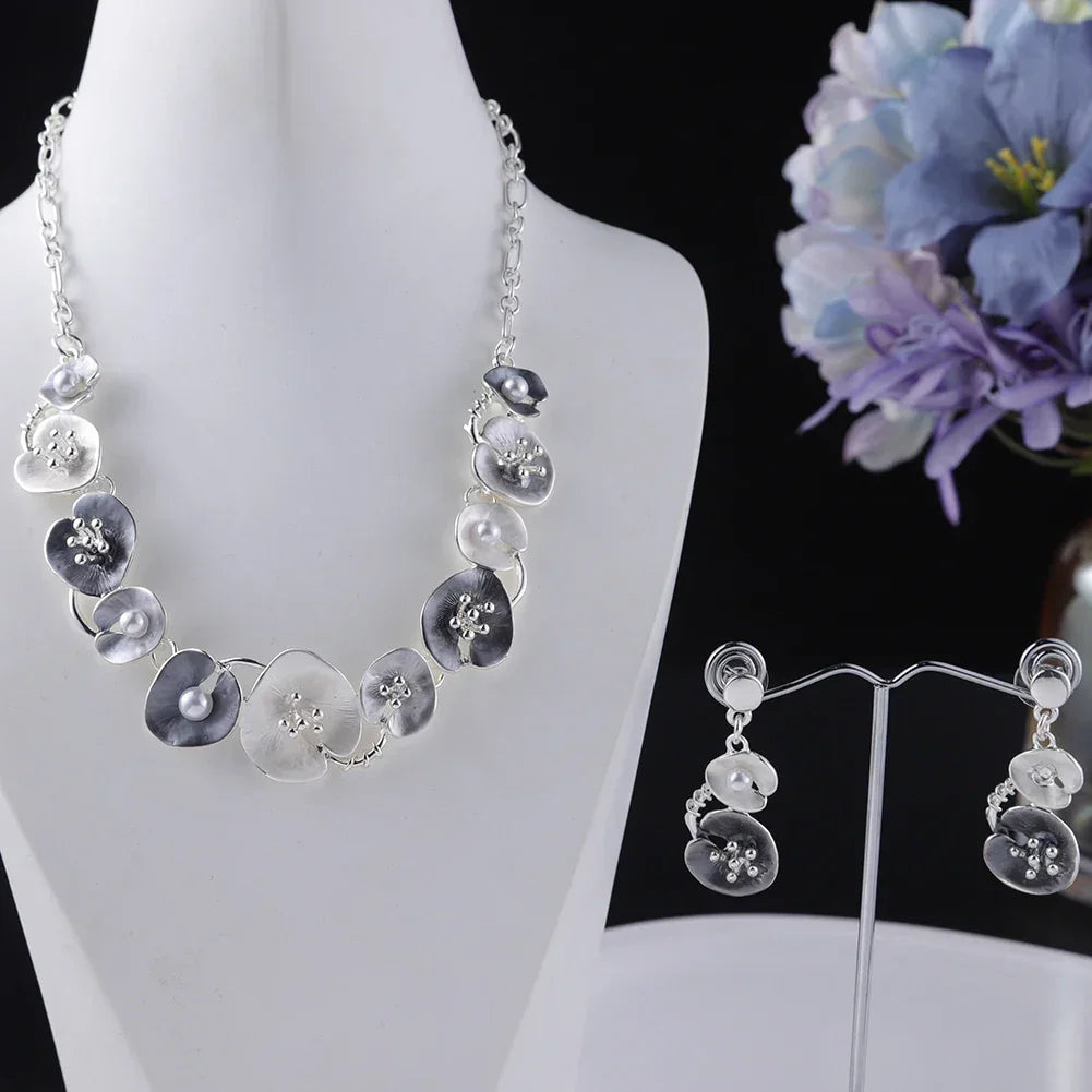 MeiceM Women Silver Plated Pendant Original Design Chain Leaf Necklace Drop Female Luxury Necklaces Set for Wedding Women's Mom