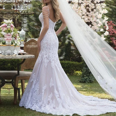 Mermaid 'V' Neck Lace Appliques Bridal Gowns Wedding Dresses Customized Bride, Party Wear