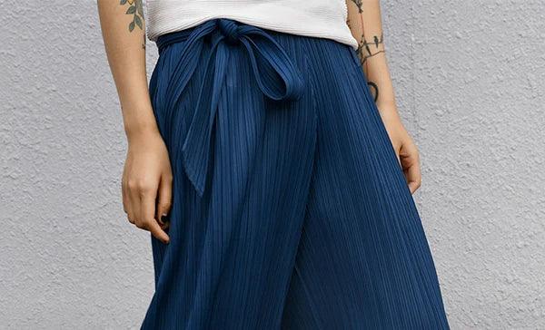 Miyake Pleated Designer Pleated Blue Belt Pants Casual Long Women Trousers