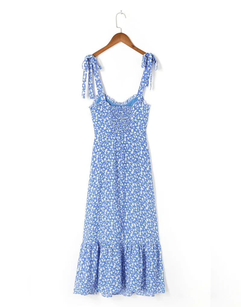 Summer Dresses For Women 2021 Elegant Ruffle Hem Floral Chiffon Midi Dress Frill Edge Sweetheart Neck Strap Tie Sexy Slip Dress