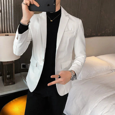 Blazer Hombre PU Leather Jackets Men Fashion Solid Slim Fit One Button Business Casual Blazers For Men Korean style Suit Jacket