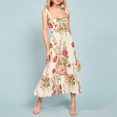 Summer Dresses For Women 2021 Elegant Ruffle Hem Floral Chiffon Midi Dress Frill Edge Sweetheart Neck Strap Tie Sexy Slip Dress