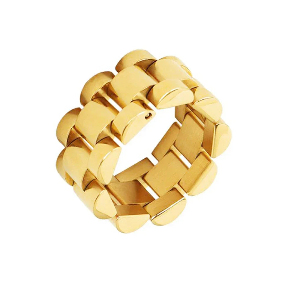 Luxury Never Fade 18K Gold Plated Bold Wide Thick Ring for Women Chunky Link Chain Stainless Steel Strap Finger Rings Jewelry
