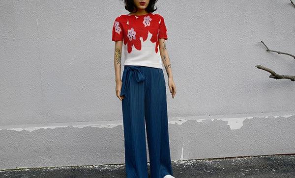 Miyake Pleated Designer Pleated Blue Belt Pants Casual Long Women Trousers